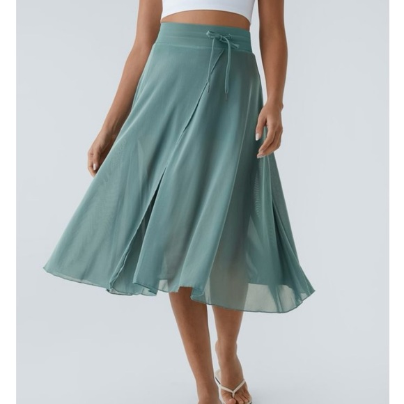 NWT HALARA High Waisted Drawstring Contrast Mesh 2-in-1 Pocket Flowy Midi Flare - Picture 7 of 13